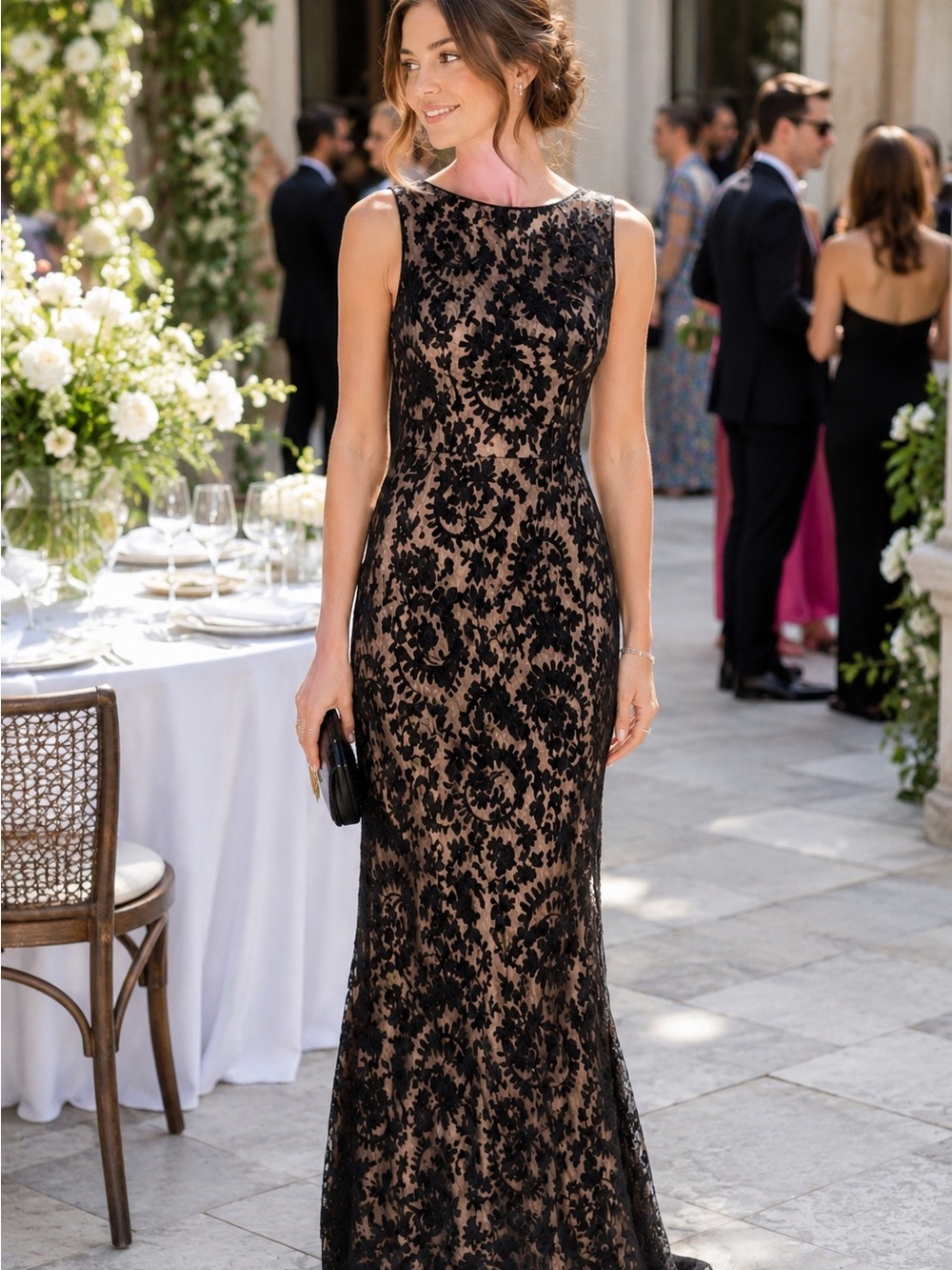 Adrianna Papell Black Lace Overlay Gown Nude Illusion Formal Dress Size 2